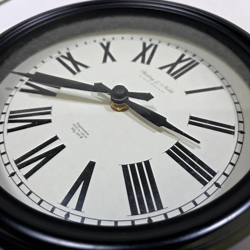Sterling & Noble Wall Clock Unisex 9in Black Roman Numeral Vintage Style Round
